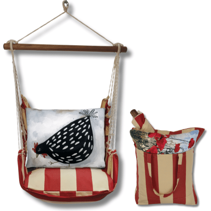 Multi colored outdoor swing crafted by the artisans of Magnolia Casual called the Swing Set 4 piece Americana Stripe w/ Good Chick featuring 100 percent weather resistant fabric, weather resistant polyester fabric, handcrafted shown against a clean backdrop featuring with a stripe motif.
