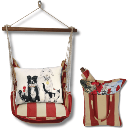 Multi colored outdoor swing crafted by the artisans of Magnolia Casual called the Swing Set 4 piece Americana Stripe w/ Dog and Farm Animals featuring 100 percent weather resistant fabric, weather resistant polyester fabric, handcrafted shown against a clean backdrop featuring with a stripe motif.