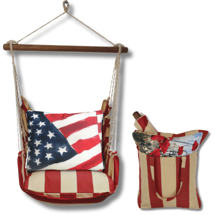 Multi colored outdoor swing crafted by the artisans of Magnolia Casual called the Swing Set 4 piece Americana Stripe w/ Flag featuring 100 percent weather resistant fabric, weather resistant polyester fabric, handcrafted shown against a clean backdrop featuring with a stripe motif.