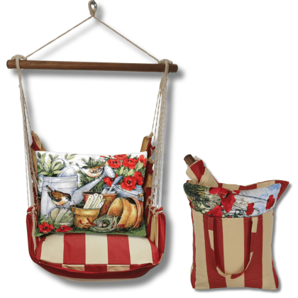 Multi colored outdoor swing crafted by the artisans of Magnolia Casual called the Swing Set 4 piece Americana Stripe w/ Watering Can and Flower Pots featuring 100 percent weather resistant fabric, weather resistant polyester fabric, handcrafted shown against a clean backdrop featuring with a stripe motif.