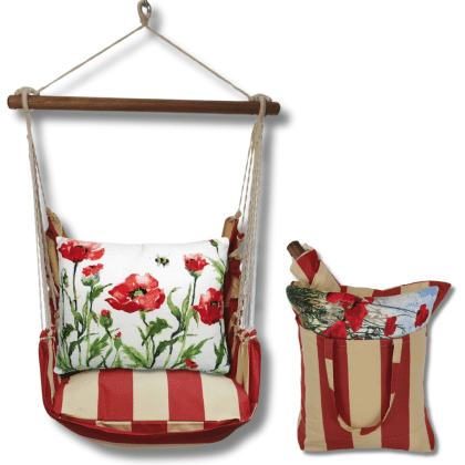 Multi colored outdoor swing crafted by the artisans of Magnolia Casual called the Swing Set 4 piece Americana Stripe w/ Poppies & Bee featuring 100 percent weather resistant fabric, weather resistant polyester fabric, handcrafted shown against a clean backdrop featuring with a stripe motif.