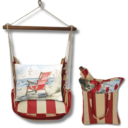 Red outdoor swing crafted by the artisans of Magnolia Casual called the Swing Set 4 piece Americana Stripe w/ Red Beach Chair featuring 100 percent weather resistant fabric, weather resistant polyester fabric, handcrafted shown against a clean backdrop featuring with a stripe motif and shades of red.