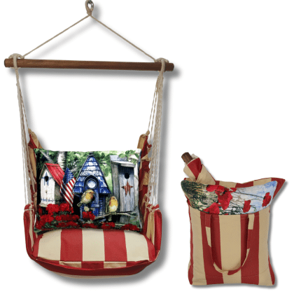 Multi colored outdoor swing crafted by the artisans of Magnolia Casual called the Swing Set 4 piece Americana Stripe w/ Americana Birdhouses featuring 100 percent weather resistant fabric, weather resistant polyester fabric, handcrafted shown against a clean backdrop featuring with a stripe motif.