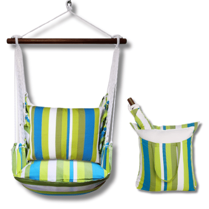 Multi colored outdoor swing crafted by the artisans of Magnolia Casual called the Swing Set 4 piece Beach Boulevard Stripe w/ Beach Boulevard Stripe featuring 100 percent weather resistant fabric, weather resistant polyester fabric shown against a clean backdrop featuring with a stripe motif.