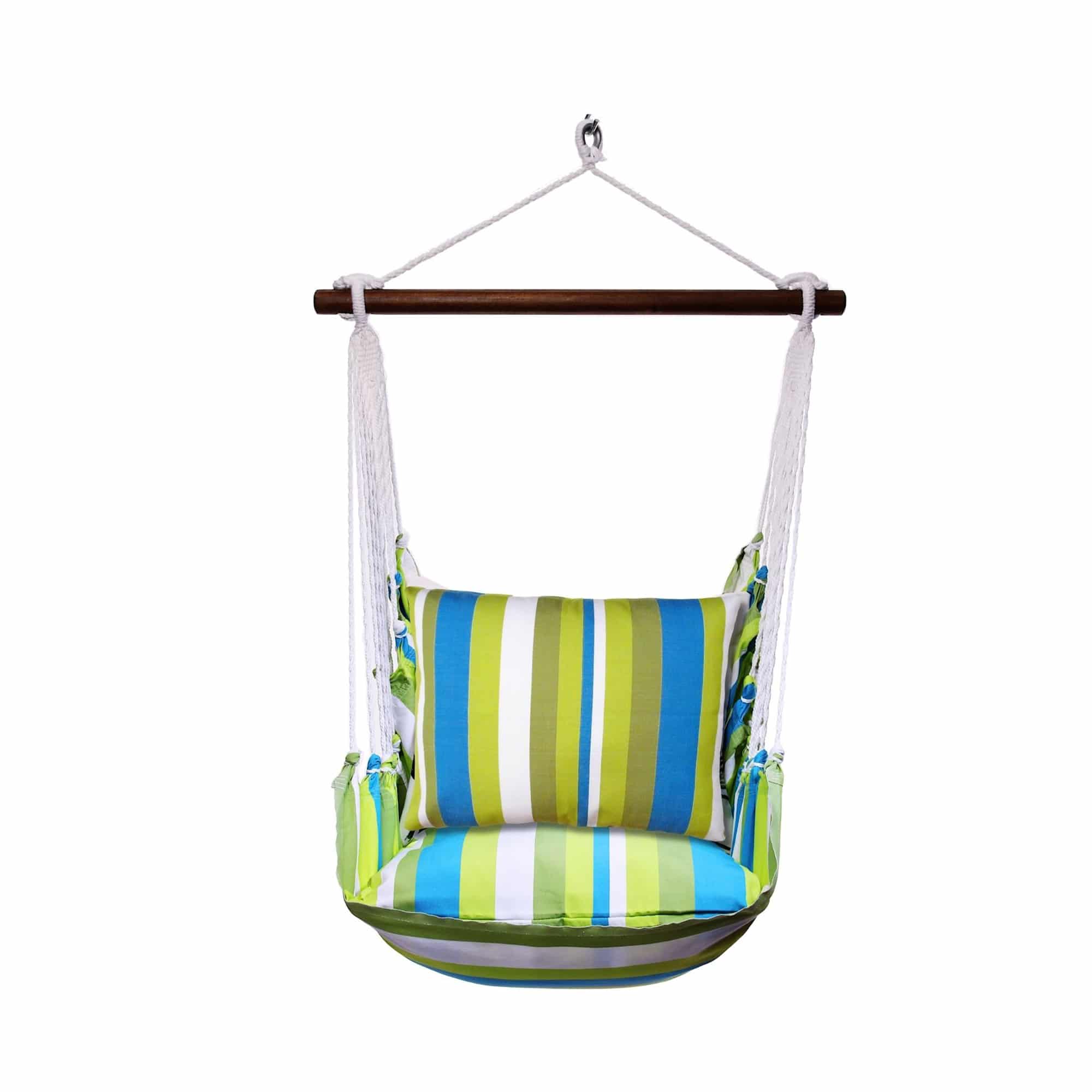 Multi colored outdoor swing crafted by the artisans of Magnolia Casual called the Swing Set 4 piece Beach Boulevard Stripe w/ Beach Boulevard Stripe featuring 100 percent weather resistant fabric, weather resistant polyester fabric shown against a clean backdrop featuring with a stripe motif.