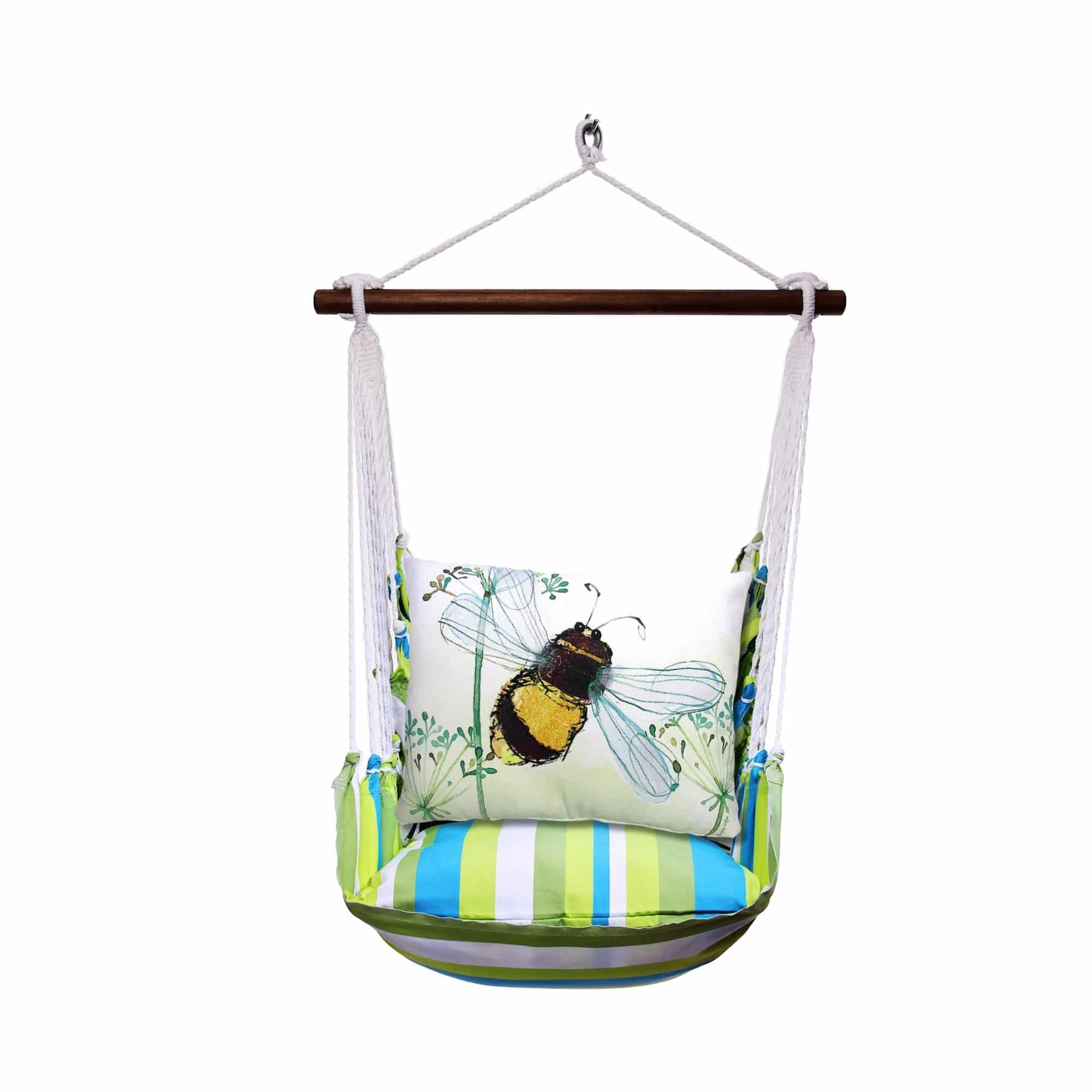Multi colored outdoor swing crafted by the artisans of Magnolia Casual called the Swing Set 4 piece Beach Boulevard Stripe w/ Bumblebee Bee Wisp featuring 100 percent weather resistant fabric, weather resistant polyester fabric shown against a clean backdrop featuring with a stripe motif.