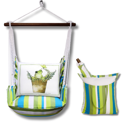 Multi colored outdoor swing crafted by the artisans of Magnolia Casual called the Swing Set 4 piece Beach Boulevard Stripe w/ Frog in Pot featuring 100 percent weather resistant fabric, weather resistant polyester fabric shown against a clean backdrop featuring with a stripe motif.