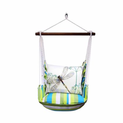 Multi colored outdoor swing crafted by the artisans of Magnolia Casual called the Swing Set 4 piece Beach Boulevard Stripe w/ Dragonfly Wisp featuring 100 percent weather resistant fabric, weather resistant polyester fabric shown against a clean backdrop featuring with a stripe motif.