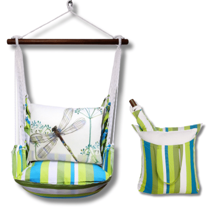 Multi colored outdoor swing crafted by the artisans of Magnolia Casual called the Swing Set 4 piece Beach Boulevard Stripe w/ Dragonfly Wisp featuring 100 percent weather resistant fabric, weather resistant polyester fabric shown against a clean backdrop featuring with a stripe motif.