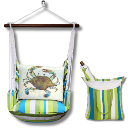 Multi colored outdoor swing crafted by the artisans of Magnolia Casual called the Swing Set 4 piece Beach Boulevard Stripe w/ Traditional Crab featuring 100 percent weather resistant fabric, weather resistant polyester fabric shown against a clean backdrop featuring with a stripe motif.