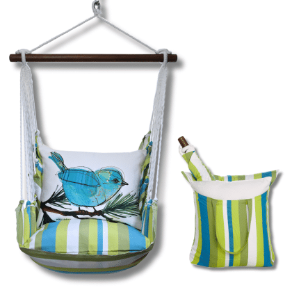 Blue outdoor swing crafted by the artisans of Magnolia Casual called the Swing Set 4 piece Beach Boulevard Stripe w/ Blue Bird on Branch featuring 100 percent weather resistant fabric, weather resistant polyester fabric shown against a clean backdrop featuring with a stripe motif and shades of blue.