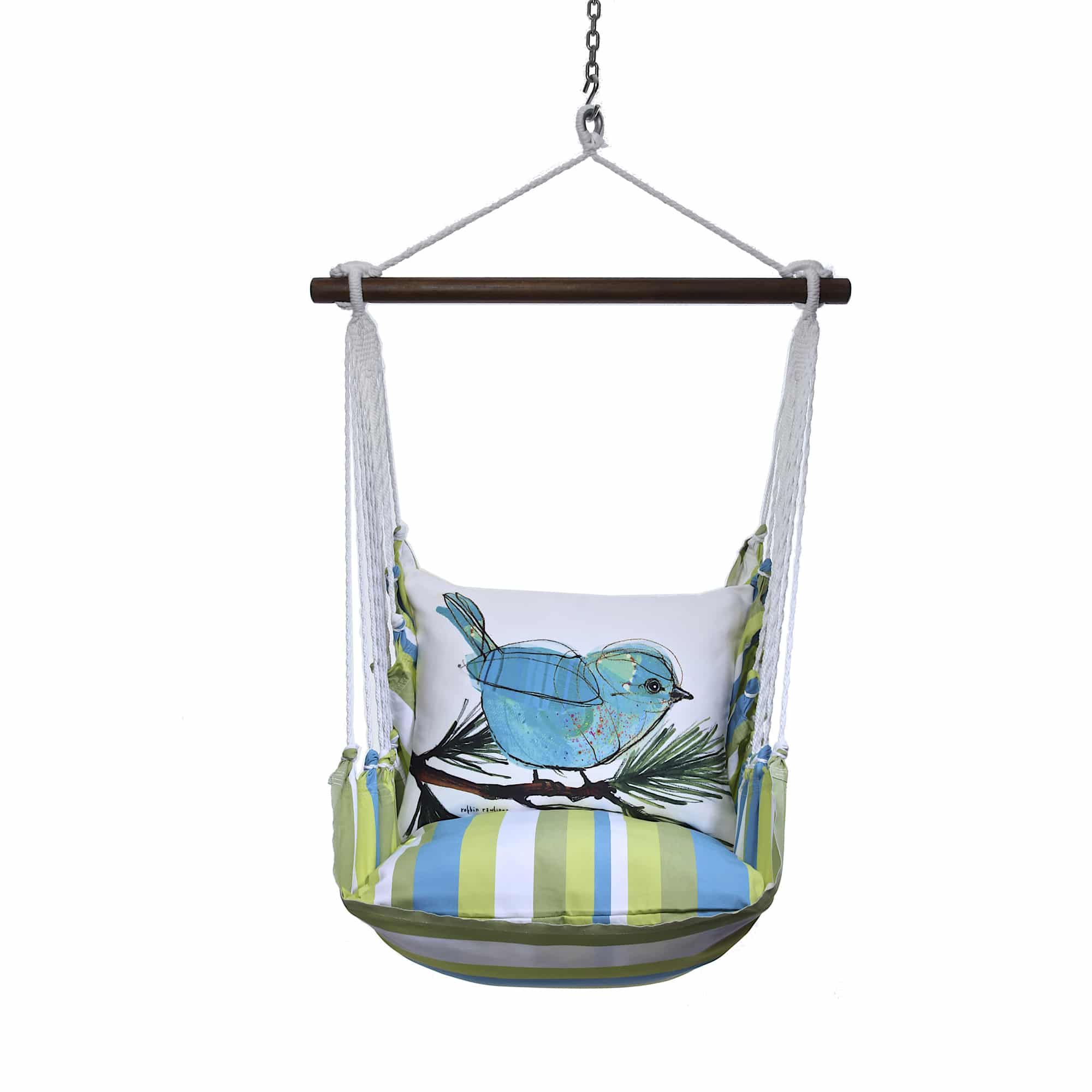 Blue outdoor swing crafted by the artisans of Magnolia Casual called the Swing Set 4 piece Beach Boulevard Stripe w/ Blue Bird on Branch featuring 100 percent weather resistant fabric, weather resistant polyester fabric shown against a clean backdrop featuring with a stripe motif and shades of blue.