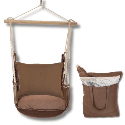 Multi colored outdoor swing crafted by the artisans of Magnolia Casual called the Swing Set 4 piece Chocolate Solid w/ Chocolate Solid featuring 100 percent weather resistant fabric, weather resistant polyester fabric, artisan, natural materials shown against a clean backdrop.