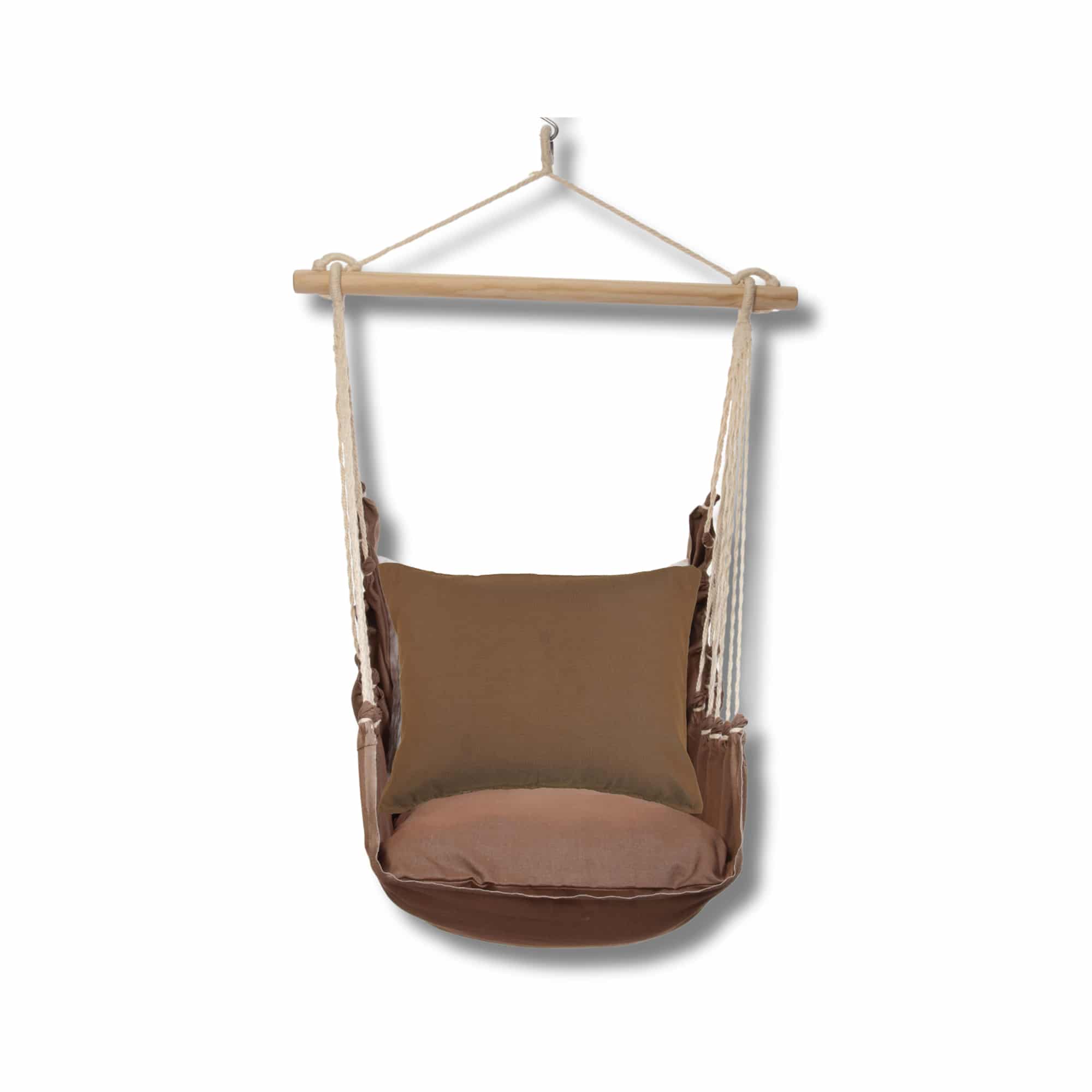 Multi colored outdoor swing crafted by the artisans of Magnolia Casual called the Swing Set 4 piece Chocolate Solid w/ Chocolate Solid featuring 100 percent weather resistant fabric, weather resistant polyester fabric, artisan, natural materials shown against a clean backdrop.