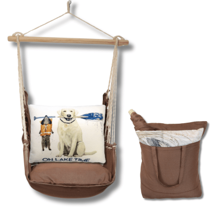 Multi colored outdoor swing crafted by the artisans of Magnolia Casual called the Swing Set 4 piece Chocolate Solid w/ Lake Time featuring 100 percent weather resistant fabric, weather resistant polyester fabric, artisan, natural materials shown against a clean backdrop.