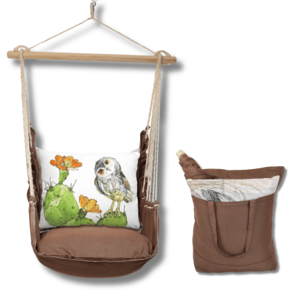 Multi colored outdoor swing crafted by the artisans of Magnolia Casual called the Swing Set 4 piece Chocolate Solid w/ Owl on Prickly Cactus featuring 100 percent weather resistant fabric, weather resistant polyester fabric, artisan, natural materials shown against a clean backdrop featuring with a owl motif.