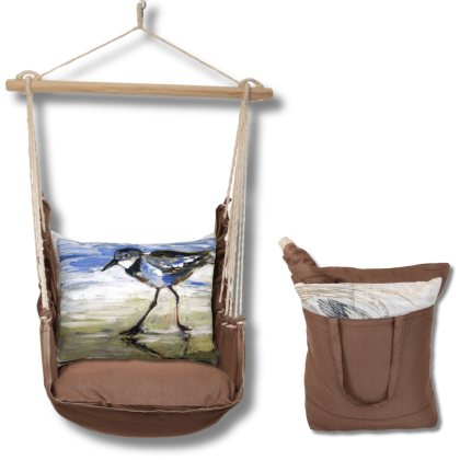 Multi colored outdoor swing crafted by the artisans of Magnolia Casual called the Swing Set 4 piece Chocolate Solid w/ Sandpiper featuring 100 percent weather resistant fabric, weather resistant polyester fabric, artisan, natural materials shown against a clean backdrop.