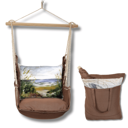 Multi colored outdoor swing crafted by the artisans of Magnolia Casual called the Swing Set 4 piece Chocolate Solid w/ Beach Path featuring 100 percent weather resistant fabric, weather resistant polyester fabric, artisan, natural materials shown against a clean backdrop.