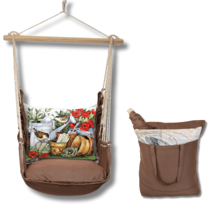 Multi colored outdoor swing crafted by the artisans of Magnolia Casual called the Swing Set 4 piece Chocolate Solid w/ Watering Can & Flower Pots featuring 100 percent weather resistant fabric, weather resistant polyester fabric, artisan, natural materials shown against a clean backdrop featuring with a floral motif.