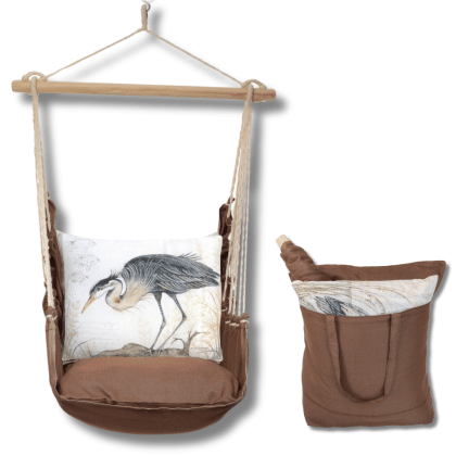 Multi colored outdoor swing crafted by the artisans of Magnolia Casual called the Swing Set 4 piece Chocolate Solid w/ Heron on Limb featuring 100 percent weather resistant fabric, weather resistant polyester fabric, artisan, natural materials shown against a clean backdrop.
