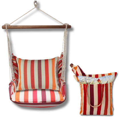 Multi colored outdoor swing crafted by the artisans of Magnolia Casual called the Swing Set 4 piece Cristina Stripe w/ Cristina Stripe featuring 100 percent weather resistant fabric, weather resistant polyester fabric, handcrafted shown against a clean backdrop featuring with a stripe motif.