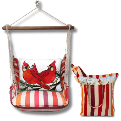 Multi colored outdoor swing crafted by the artisans of Magnolia Casual called the Swing Set 4 piece Cristina Stripe w/ Cardinal Pair featuring 100 percent weather resistant fabric, weather resistant polyester fabric, handcrafted shown against a clean backdrop featuring with a stripe motif.