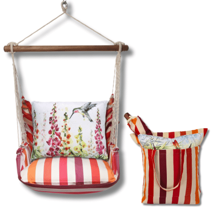 Multi colored outdoor swing crafted by the artisans of Magnolia Casual called the Swing Set 4 piece Cristina Stripe w/ Foxgloves w/Hummingbird featuring 100 percent weather resistant fabric, weather resistant polyester fabric, handcrafted shown against a clean backdrop featuring with a stripe motif.