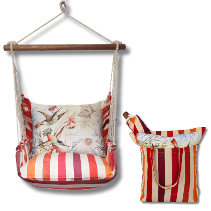 Multi colored outdoor swing crafted by the artisans of Magnolia Casual called the Swing Set 4 piece Cristina Stripe w/ Hummingbirds featuring 100 percent weather resistant fabric, weather resistant polyester fabric, handcrafted shown against a clean backdrop featuring with a stripe motif.