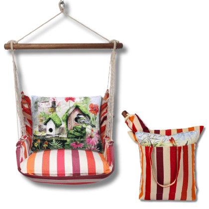Multi colored outdoor swing crafted by the artisans of Magnolia Casual called the Swing Set 4 piece Cristina Stripe w/ Garden Birdhouses featuring 100 percent weather resistant fabric, weather resistant polyester fabric, handcrafted shown against a clean backdrop featuring with a stripe motif.