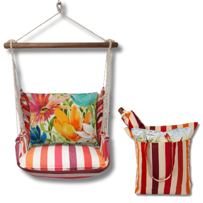 Multi colored outdoor swing crafted by the artisans of Magnolia Casual called the Swing Set 4 piece Cristina Stripe w/ Tropical 1 featuring 100 percent weather resistant fabric, weather resistant polyester fabric, handcrafted shown against a clean backdrop featuring with a stripe motif.