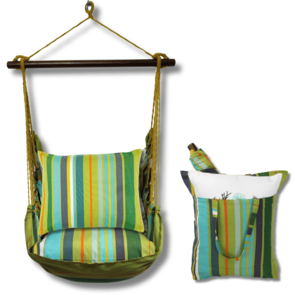 Multi colored outdoor swing crafted by the artisans of Magnolia Casual called the Swing Set 4 piece Citrus Stripe w/ Citrus Stripe featuring 100 percent weather resistant fabric, weather resistant polyester fabric, handcrafted shown against a clean backdrop featuring with a stripe motif.