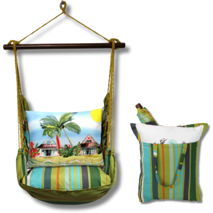 Multi colored outdoor swing crafted by the artisans of Magnolia Casual called the Swing Set 4 piece Citrus Stripe w/ Surf Shack featuring 100 percent weather resistant fabric, weather resistant polyester fabric, handcrafted shown against a clean backdrop featuring with a stripe motif.