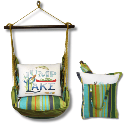 Multi colored outdoor swing crafted by the artisans of Magnolia Casual called the Swing Set 4 piece Citrus Stripe w/ Go Jump in Lake featuring 100 percent weather resistant fabric, weather resistant polyester fabric, handcrafted shown against a clean backdrop featuring with a stripe motif.