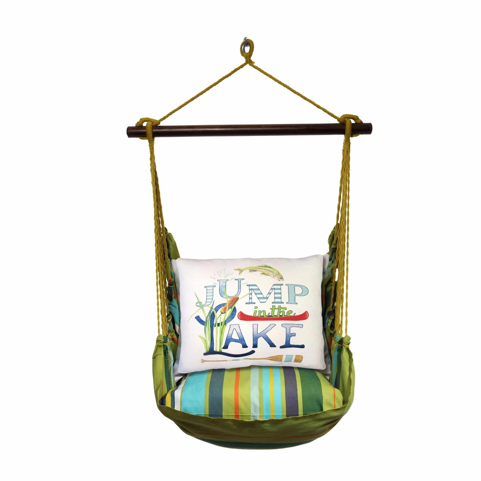 Multi colored outdoor swing crafted by the artisans of Magnolia Casual called the Swing Set 4 piece Citrus Stripe w/ Go Jump in Lake featuring 100 percent weather resistant fabric, weather resistant polyester fabric, handcrafted shown against a clean backdrop featuring with a stripe motif.