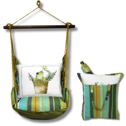 Multi colored outdoor swing crafted by the artisans of Magnolia Casual called the Swing Set 4 piece Citrus Stripe w/ Frog in Pot featuring 100 percent weather resistant fabric, weather resistant polyester fabric, handcrafted shown against a clean backdrop featuring with a stripe motif.