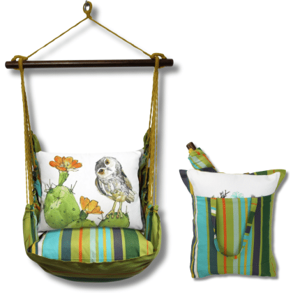 Multi colored outdoor swing crafted by the artisans of Magnolia Casual called the Swing Set 4 piece Citrus Stripe w/ Owl on Prickly Cactus featuring 100 percent weather resistant fabric, weather resistant polyester fabric, handcrafted shown against a clean backdrop featuring with a stripe motif.