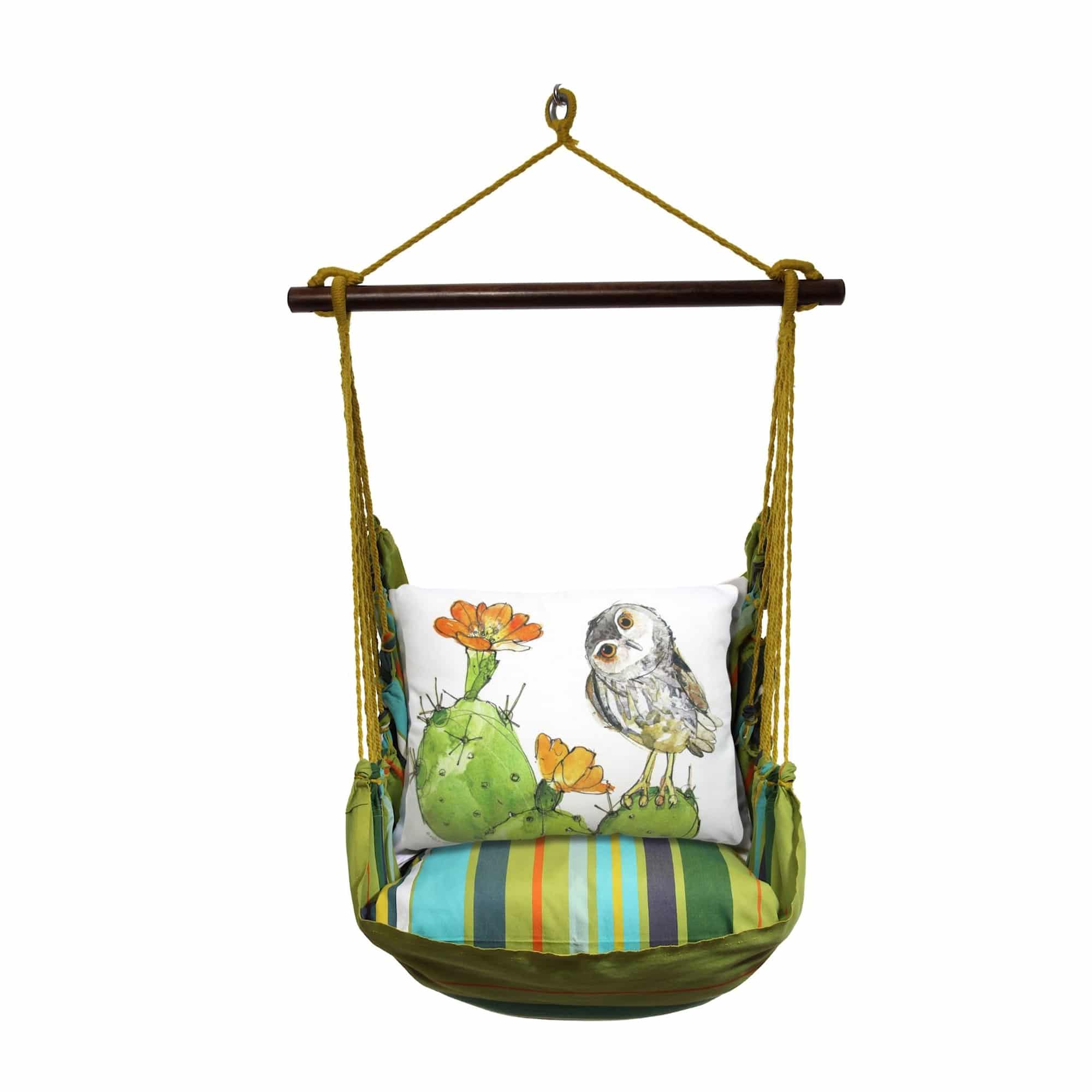 Multi colored outdoor swing crafted by the artisans of Magnolia Casual called the Swing Set 4 piece Citrus Stripe w/ Owl on Prickly Cactus featuring 100 percent weather resistant fabric, weather resistant polyester fabric, handcrafted shown against a clean backdrop featuring with a stripe motif.