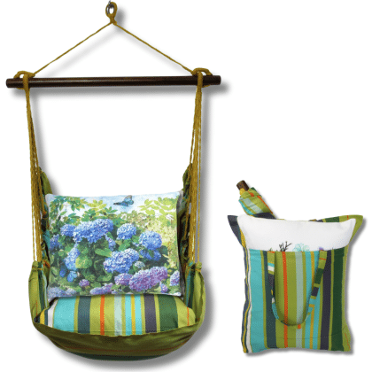 Multi colored outdoor swing crafted by the artisans of Magnolia Casual called the Swing Set 4 piece Citrus Stripe w/ Hydrangeas and Butterfly featuring 100 percent weather resistant fabric, weather resistant polyester fabric, handcrafted shown against a clean backdrop featuring with a stripe motif.