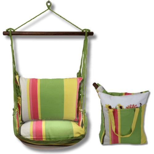 Multi colored outdoor swing crafted by the artisans of Magnolia Casual called the Swing Set 4 piece Fresh Lime Stripe w/ Fresh Lime Stripe Pillow featuring 100 percent weather resistant fabric, weather resistant polyester fabric, handcrafted shown against a clean backdrop featuring with a stripe motif and shades of lime.