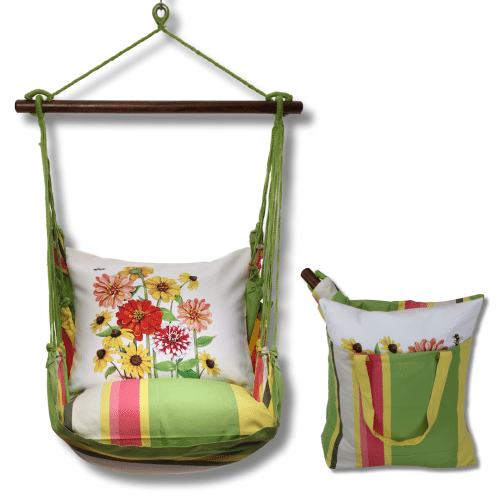 Multi colored outdoor swing crafted by the artisans of Magnolia Casual called the Swing Set 4 piece Fresh Lime Stripe w/ Zinnias featuring 100 percent weather resistant fabric, weather resistant polyester fabric, handcrafted shown against a clean backdrop featuring with a stripe motif and shades of lime.