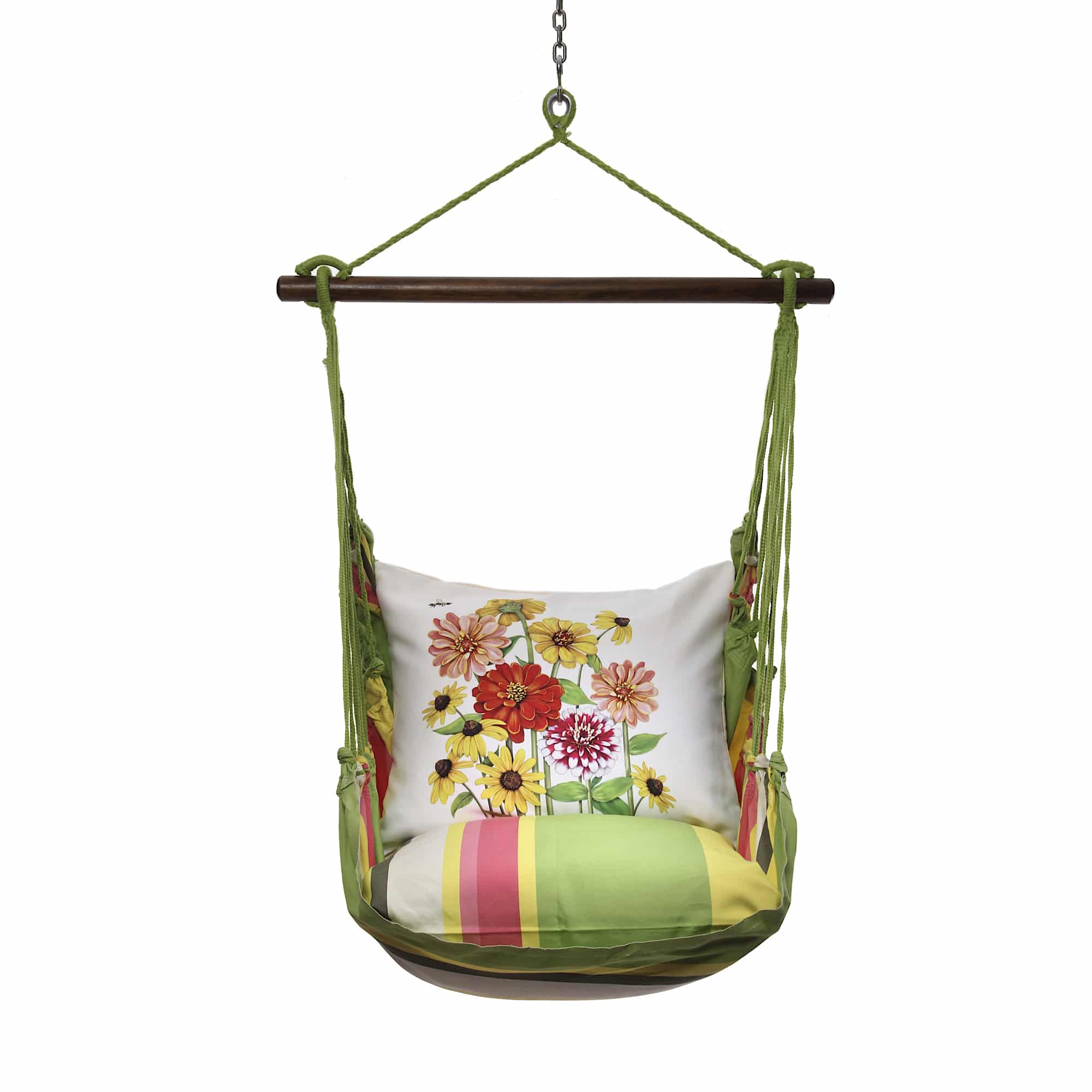 Multi colored outdoor swing crafted by the artisans of Magnolia Casual called the Swing Set 4 piece Fresh Lime Stripe w/ Zinnias featuring 100 percent weather resistant fabric, weather resistant polyester fabric, handcrafted shown against a clean backdrop featuring with a stripe motif and shades of lime.
