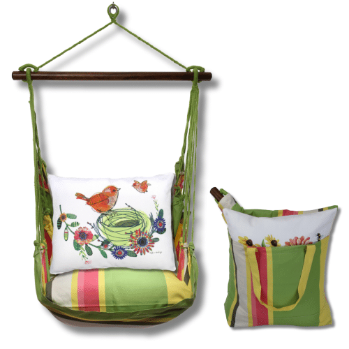 Multi colored outdoor swing crafted by the artisans of Magnolia Casual called the Swing Set 4 piece Fresh Lime Stripe w/ Birds in Nest featuring 100 percent weather resistant fabric, weather resistant polyester fabric, handcrafted shown against a clean backdrop featuring with a stripe motif and shades of lime.
