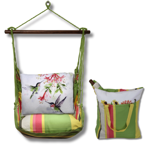 Multi colored outdoor swing crafted by the artisans of Magnolia Casual called the Swing Set 4 piece Fresh Lime Stripe w/ 2 Hummers w/Hanging Plant featuring 100 percent weather resistant fabric, weather resistant polyester fabric, handcrafted shown against a clean backdrop featuring with a stripe motif and shades of lime.