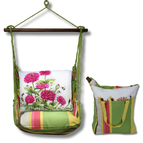Pink outdoor swing crafted by the artisans of Magnolia Casual called the Swing Set 4 piece Fresh Lime Stripe w/ Zinnias Pink featuring 100 percent weather resistant fabric, weather resistant polyester fabric, handcrafted shown against a clean backdrop featuring with a stripe motif and shades of lime and pink.