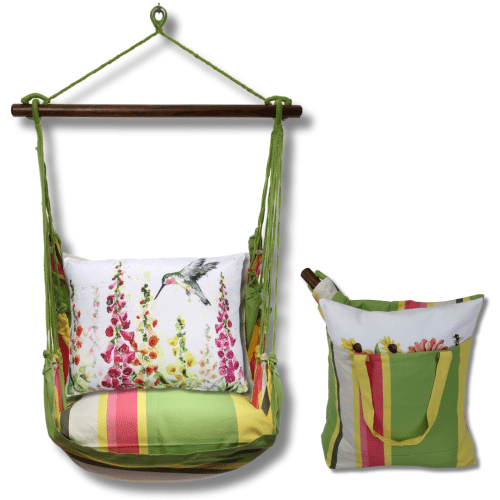 Multi colored outdoor swing crafted by the artisans of Magnolia Casual called the Swing Set 4 piece Fresh Lime Stripe w/ Foxgloves w/ Hummingbird featuring 100 percent weather resistant fabric, weather resistant polyester fabric, handcrafted shown against a clean backdrop featuring with a stripe motif and shades of lime.