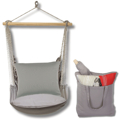 Gray outdoor swing crafted by the artisans of Magnolia Casual called the Swing Set 4 piece Gray Solid w/ Gray Solid featuring 100 percent weather resistant fabric, weather resistant polyester fabric, handcrafted shown against a clean backdrop featuring shades of gray.