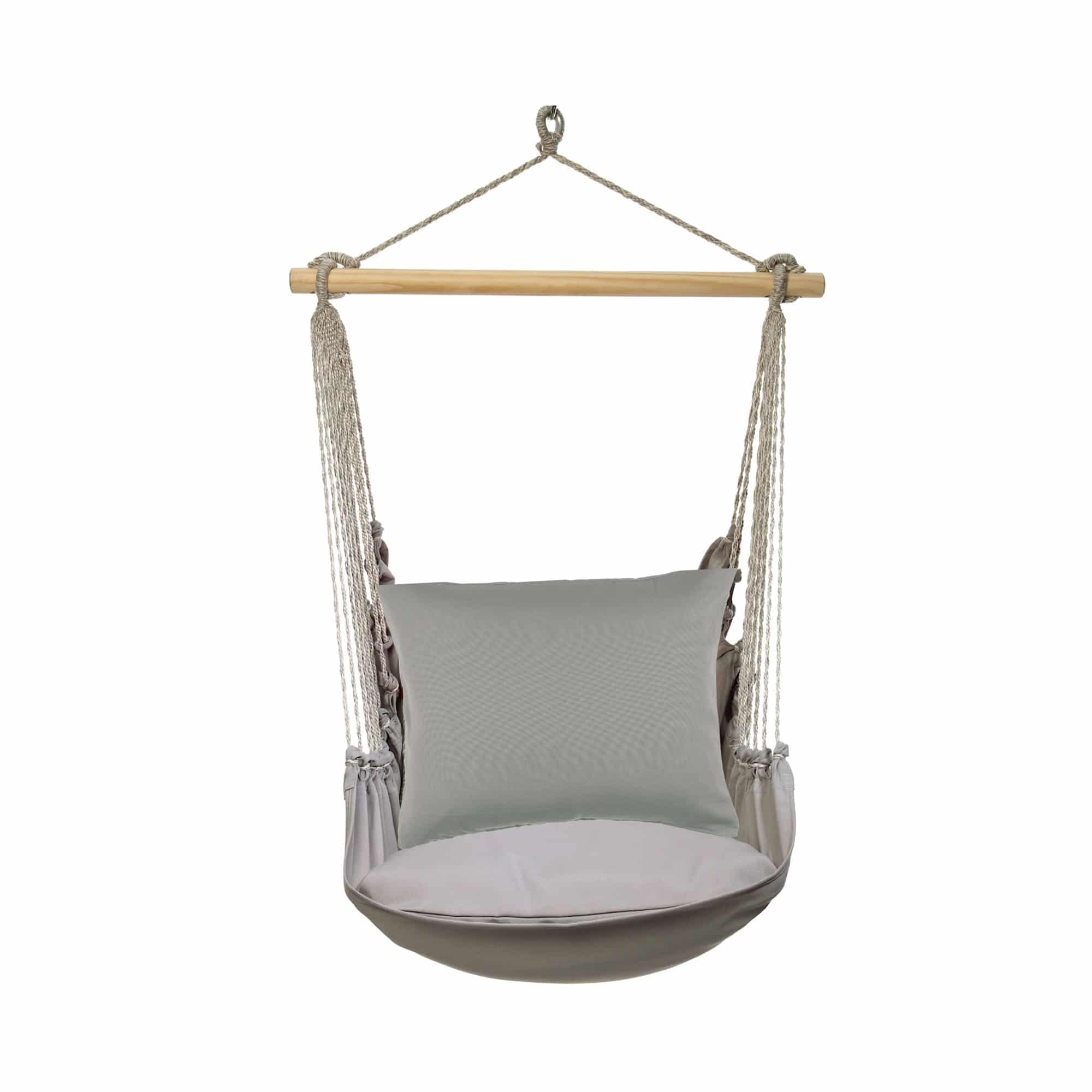 Gray outdoor swing crafted by the artisans of Magnolia Casual called the Swing Set 4 piece Gray Solid w/ Gray Solid featuring 100 percent weather resistant fabric, weather resistant polyester fabric, handcrafted shown against a clean backdrop featuring shades of gray.