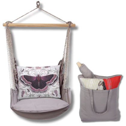 Gray outdoor swing crafted by the artisans of Magnolia Casual called the Swing Set 4 piece Gray Solid w/ Mauve Butterfly featuring 100 percent weather resistant fabric, weather resistant polyester fabric, handcrafted shown against a clean backdrop featuring with a butterfly motif and shades of gray.