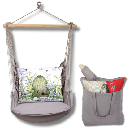 Gray outdoor swing crafted by the artisans of Magnolia Casual called the Swing Set 4 piece Gray Solid w/ Bee Skep featuring 100 percent weather resistant fabric, weather resistant polyester fabric, handcrafted shown against a clean backdrop featuring with a bee motif and shades of gray.