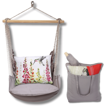 Gray outdoor swing crafted by the artisans of Magnolia Casual called the Swing Set 4 piece Gray Solid w/ Foxgloves w/Hummingbird featuring 100 percent weather resistant fabric, weather resistant polyester fabric, handcrafted shown against a clean backdrop featuring with a hummingbird motif and shades of gray.